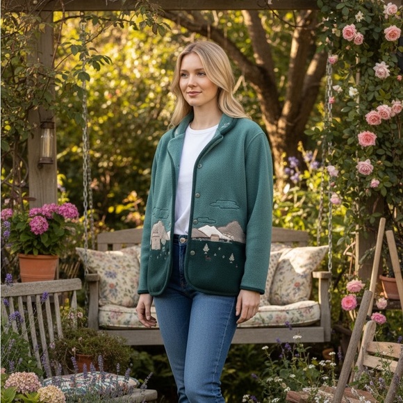 Vintage Jackets & Blazers - Vintage Seafoam Green Embroidered Eclectic Cottegecore Fleece Cardigan Jacket